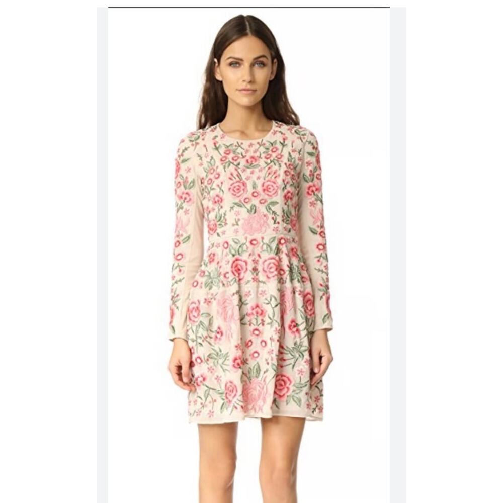 NEEDLE & THREAD Sz 0 US Embroidered Beige Pink Floral Mini Dress